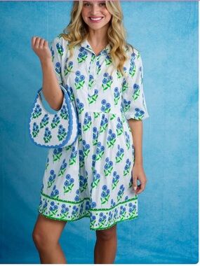 Mary Marshmallow  Linen Floral Print 3/4 sleeve Dun dress size M